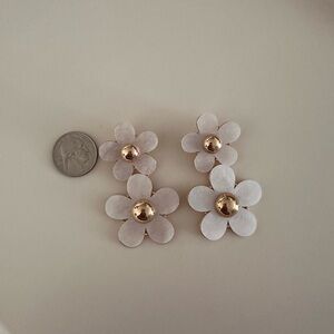 White Flower Drop Earrings with Gold Accents - Women's Jewelry